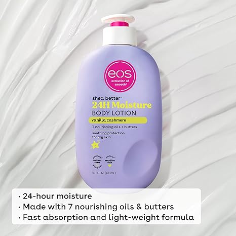 eos Shea Better Body Lotion Vanilla Cashmere, 24-Hour Moisture Skin Care, Lightweight & Non-Greasy, Natural Shea, Vegan, Vanilla Body Lotion, 16 fl oz