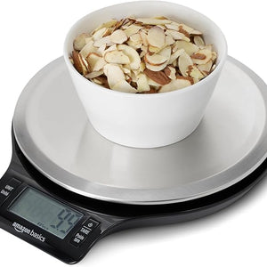 Amazon Basics Digital Kitchen Scale with LCD Display, Batteries Included, Weighs up to 11 pounds, Black and Stainless Steel