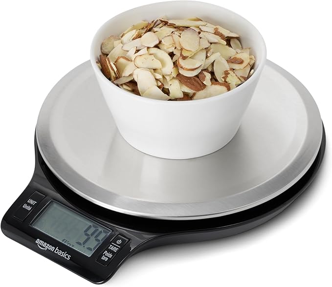 Amazon Basics Digital Kitchen Scale with LCD Display, Batteries Included, Weighs up to 11 pounds, Black and Stainless Steel
