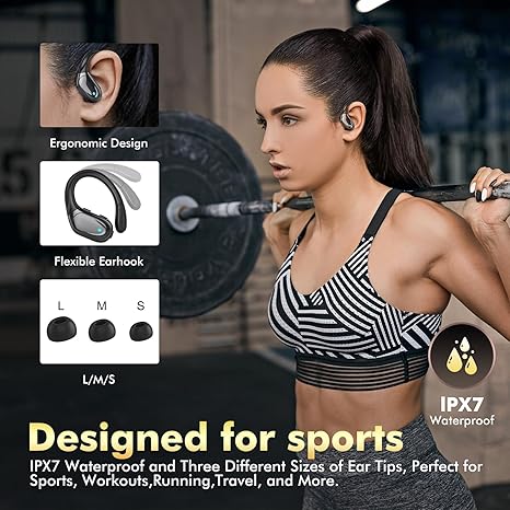 Wireless Earbuds, Sports Bluetooth Headphones, 80Hrs Playtime Ear Buds with LED Power Display, Noise Canceling Headset, IPX7 Waterproof Earphones for Workout/Running (Black)