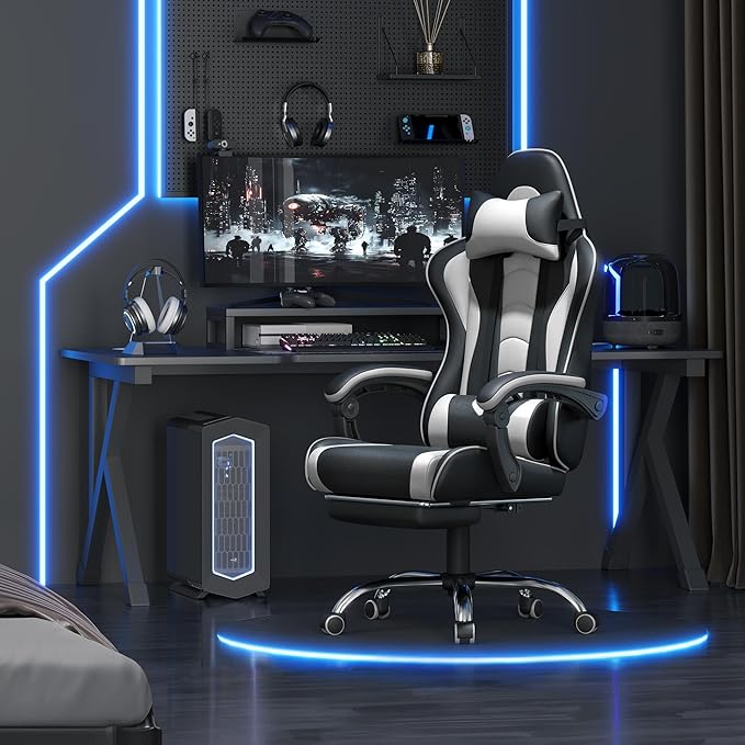 Yaheetech Gaming Chair, Video Game Chair with Massage Lumbar Support and Footrest Height Adjustable Ergonomic Computer Gaming Chair with Swivel Seat and Headrest, Black/White